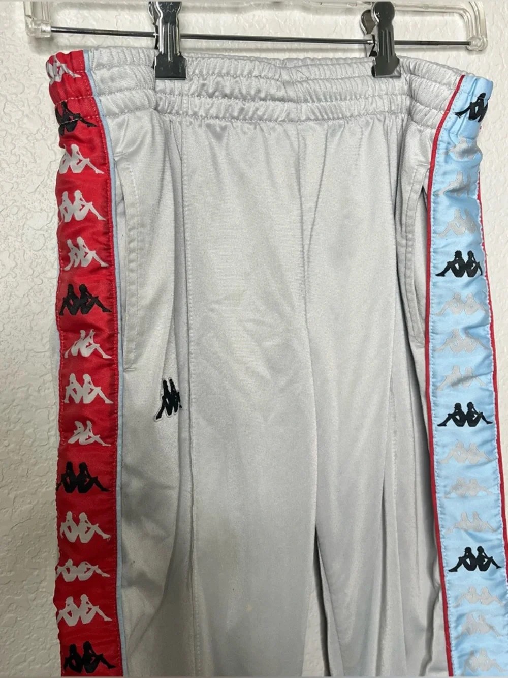 Kappa Y2K Track Pants Gray Side Stripe Logo Joggers Red Blue Streetwear Medium
